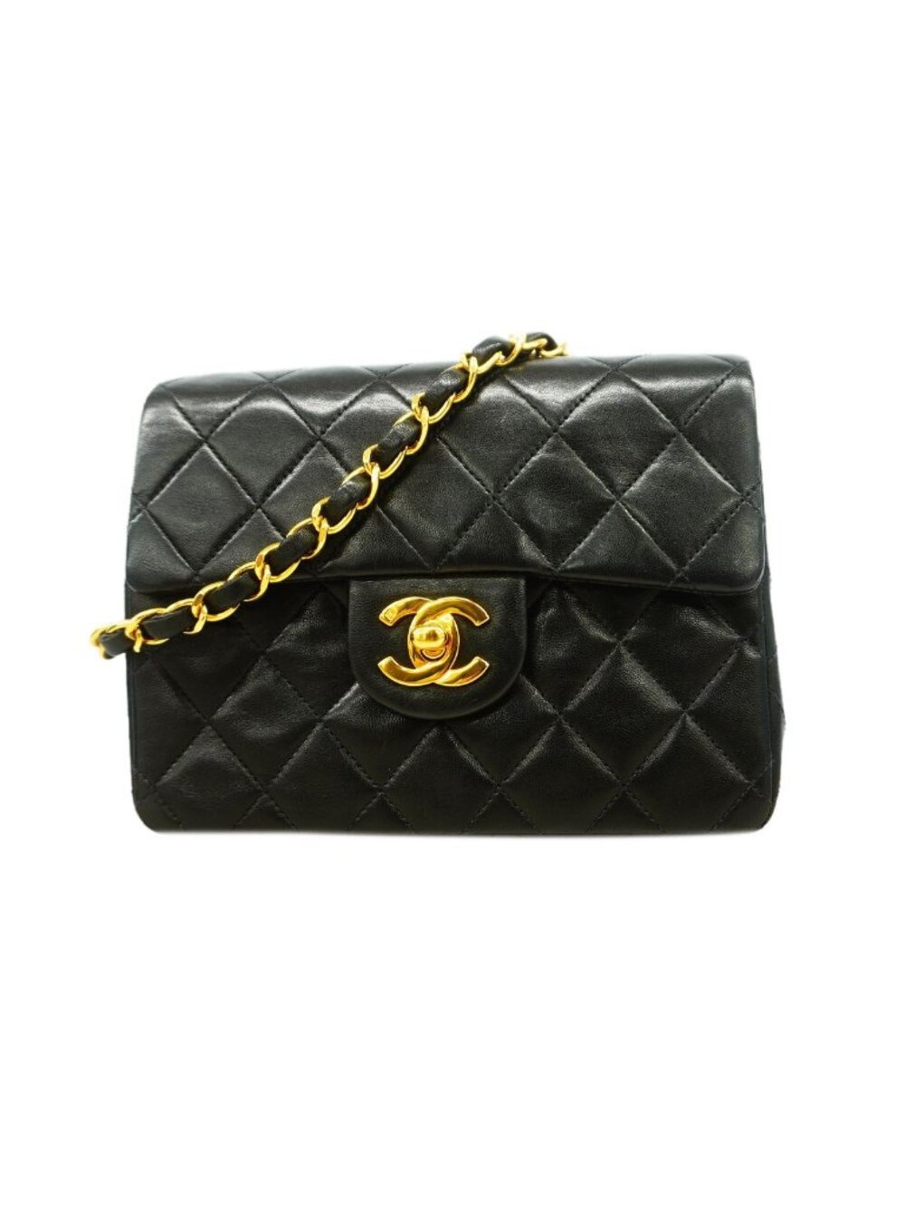 Chanel Shoulder Bag Mini Quilted Lambskin Black Gold